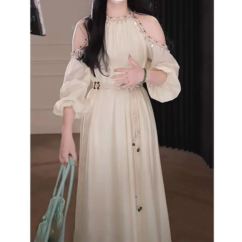 

Bohemian Vacation Style Tea Break Dress Women's Clothing 2024 Summer New Lazy High-Grade off-Shoulder Long Dress