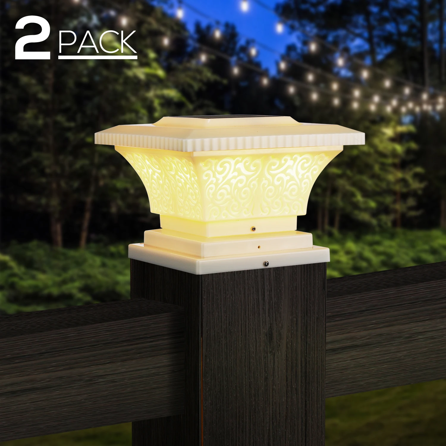 

2 Pack Soft White Solar Post Lights Outdoor, LED Fence Cap Light Fits 4x4, 5x5, 6x6 Posts Patio Deck Garden Decoration