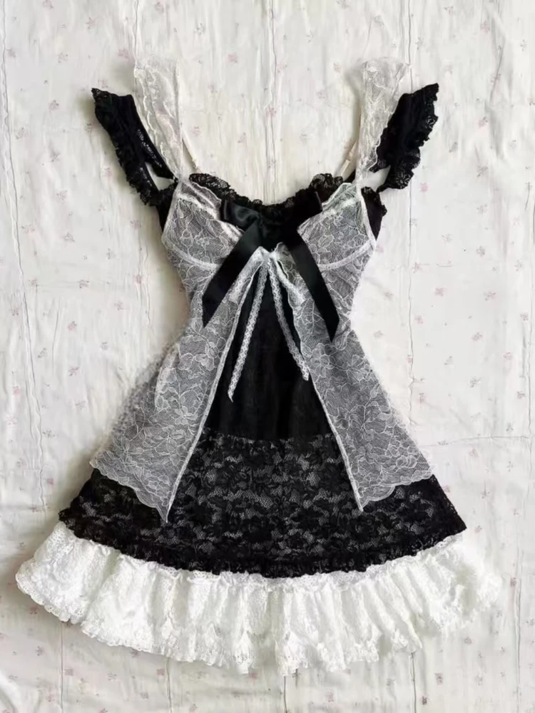 Women Gothic Sexy Y2k Lace Up Cardigan Women High Street Hot Girl Off Shoulder Sling Dresses Aesthetic Vintage Lace Slim Dress