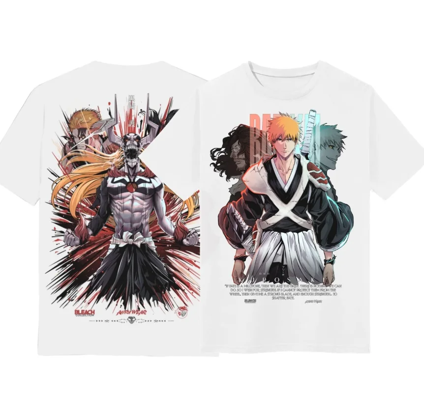 2026 summer Anime BLEACH Ichigo Kurosaki Oversized T-shirt, Dual-Sided Hollow Form Print Streetwear Tee For Men Women view 3