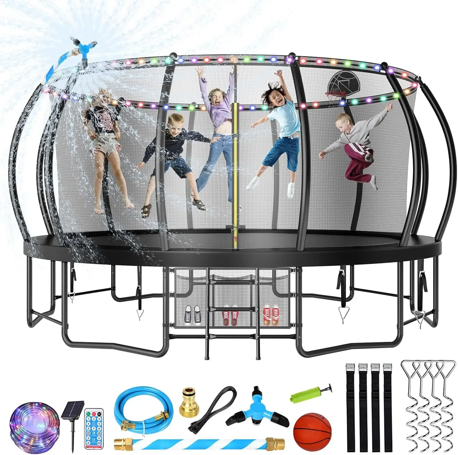 

Большой уличный батут с баскетбольным кольцом, 16 футов с подсветкой для детей и взрослых, батут для отдыха со спринклером и