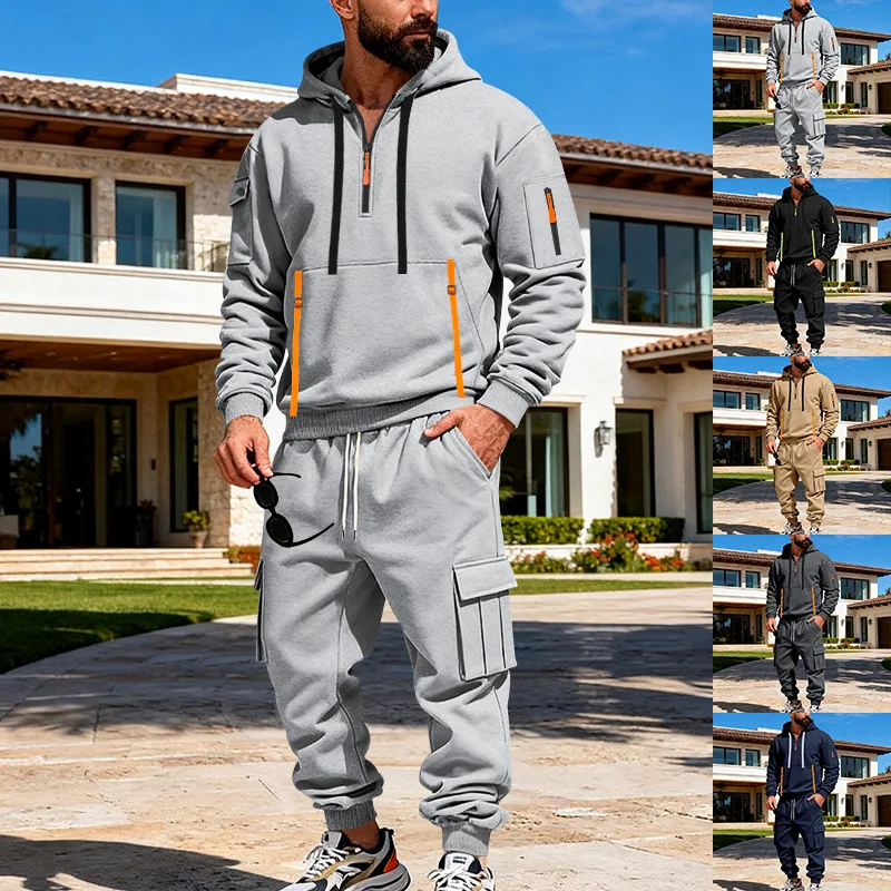 

2025 Autumn Winter New Men Hooded Side Zipper Fleece Long Sleeve Sports Jacket Work Pants Suit Multiple Colors Optional