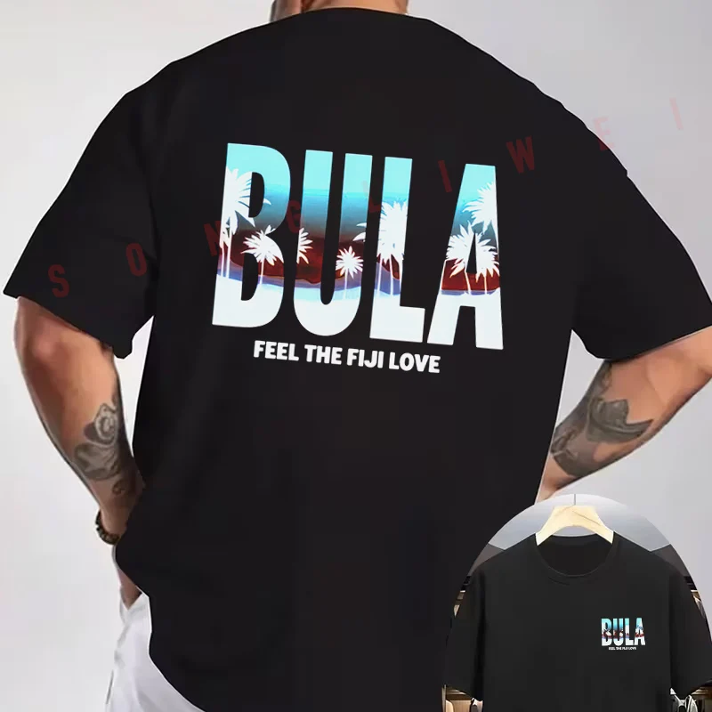 Creative BULA Pattern Design Motorcycle T-Shirt Double-Sided Print Men's Summer Short Sleeve Round Neck Casual Tops