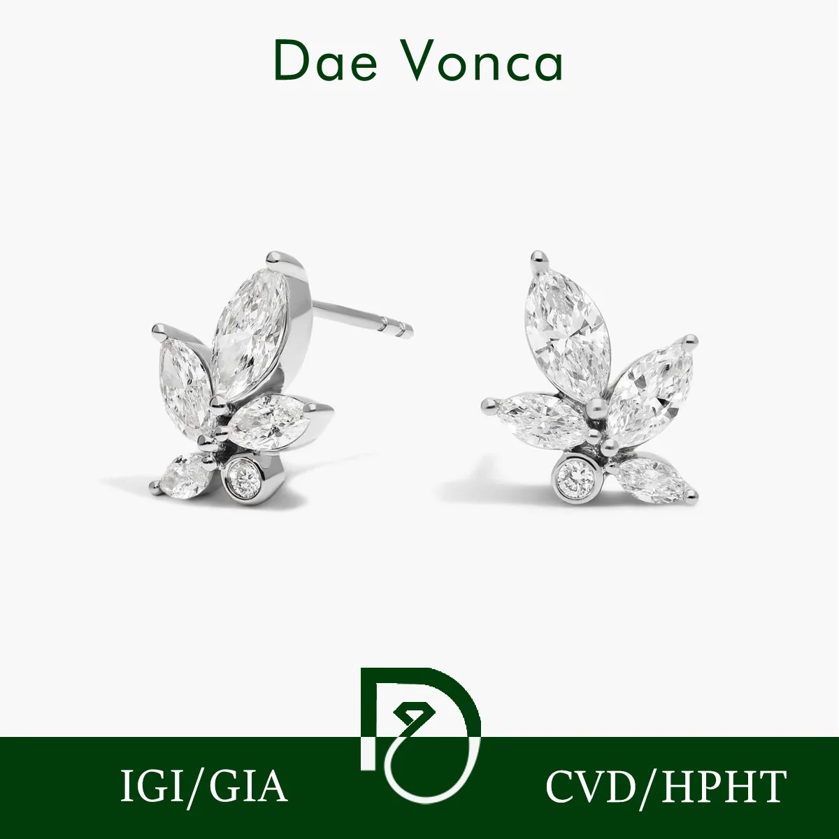 Leaf Shaped Diamond Earrings Marquise and Round Diamond Earrings Lab Grown Diamond Stud Earrings 9K/14K/18K White Gold Earrings