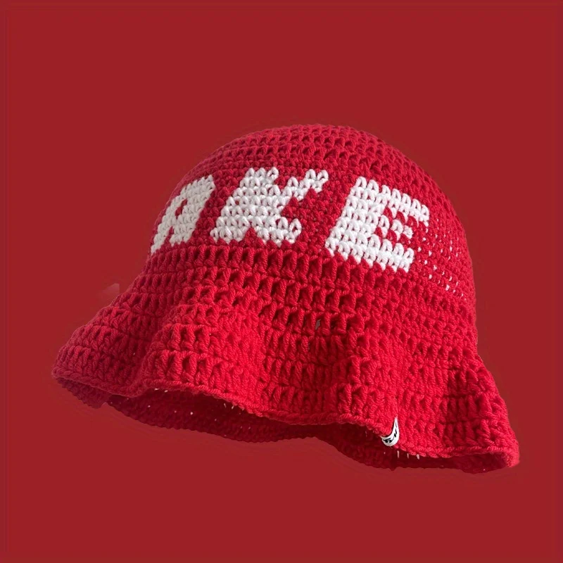 Handmade Crochet Knitted Letter Jacquard Bucket Hat Women Men Woolen Fisherman Hat Casual Street Hollow Out Breathable Hat