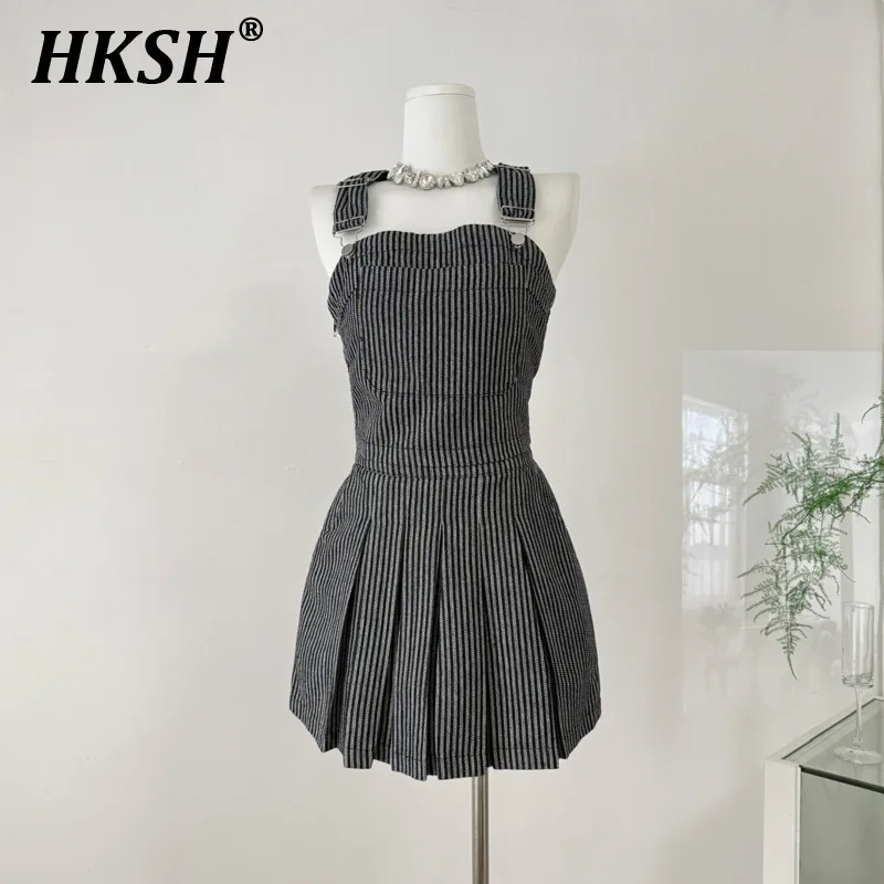 

HKSH Summer New Women Ins Y2K Sweet Trendy Pocket Vertical Striped Tank Top High Waisted Pleated Mini Skirt Two-piece Set HK6037