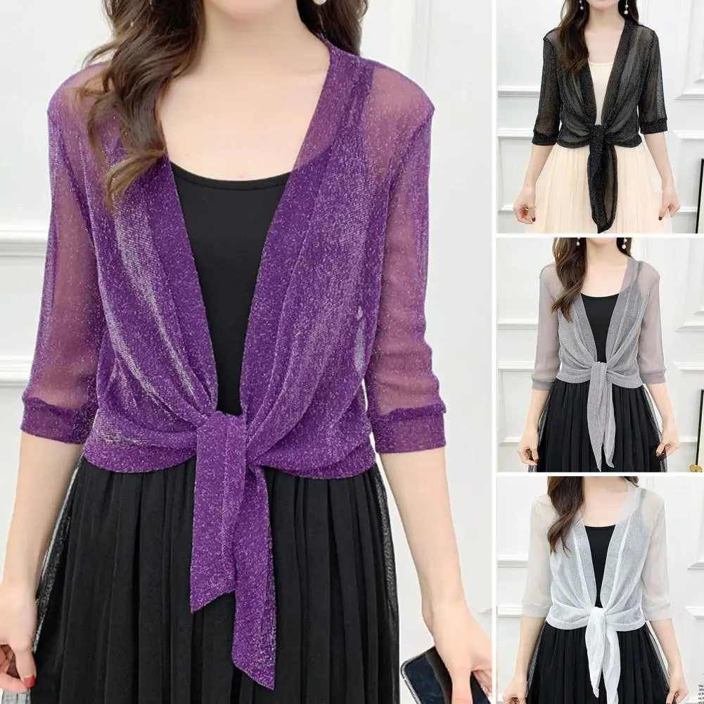 Women's Sheer Glitter Lace-up Cardigan Half Sleeve Summer Lightweight Jacket See-through Loose Blouse Women