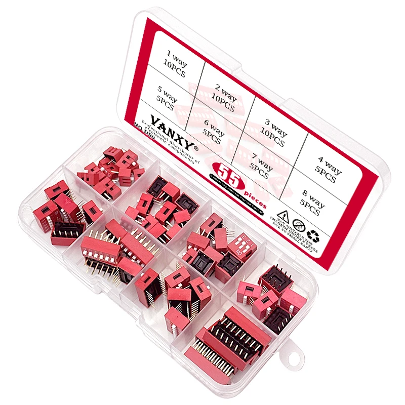 8 values kit Slide Type Switch Module 1 2 3 4 5 6 7 8 Bit 2.54mm Position Way DIP Red Pitch Toggle Switch Red Snap Switch