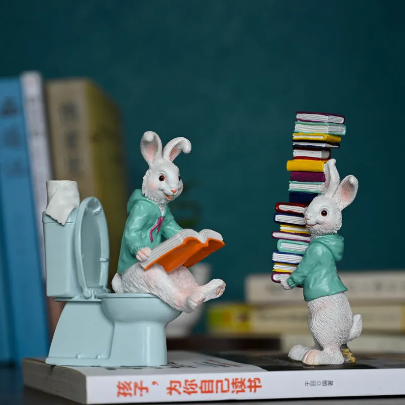 Cute Funny Cartoon Bunny Rabbit Resin Statues Creative Inspirational Reading Themed Figurines Home Office Desktop Decor Garden
