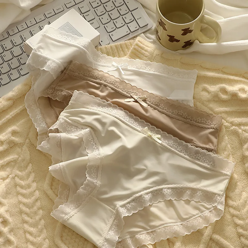 Ropa interior de seda helada para mujer, bragas con máscara de cintura media sin costuras de secado rápido, bragas sexys con adornos de encaje de estilo japonés para adolescentes, 3 piezas