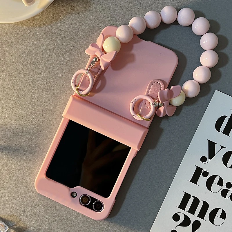 For Motorola Moto Razr 50 60 40 Ultra 60Pro Razr Plus 2023 2024 2025 Luxury Pink Bow Beads Bracelet Chain Portable Phone Case