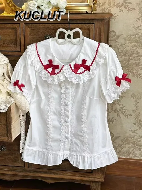 Women's Tops Summer Fashion White Shirt Original 2025 New Bow Doll Collar White Lolita Style Inner Short Sleeve Blouse