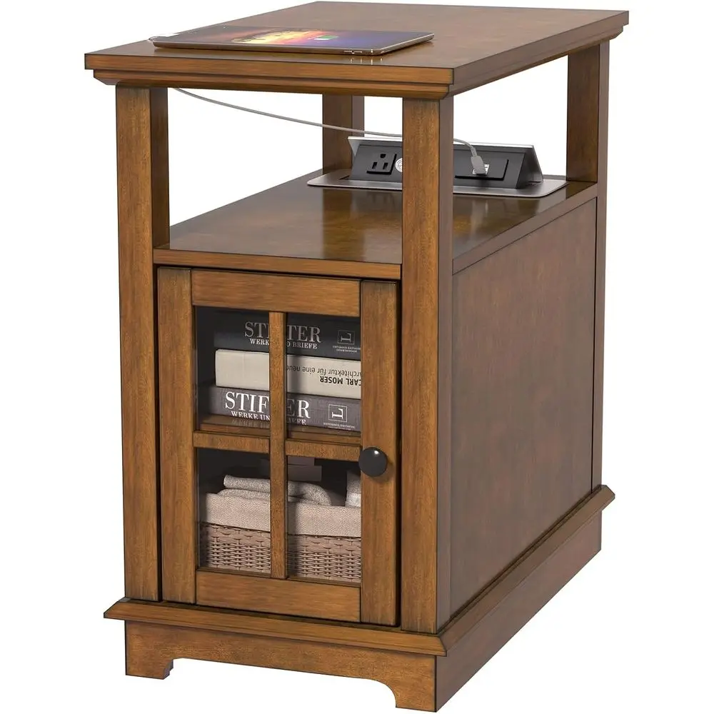 End Table with lip Top Charging Station, Adjustable Shel, Type-C & USB Port & Power outlets, Wooden Nightstand, Side Table with