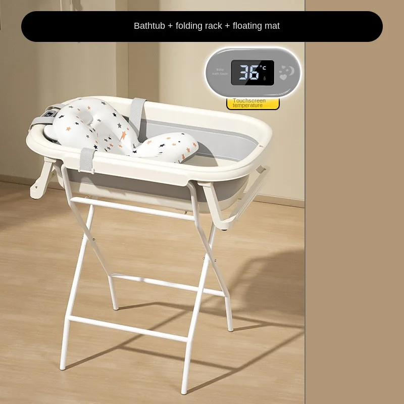 Baby Bathtub with Stand Set: Foldable Bathtub with Real-Time Temperature Sensor and Multifunctional Stand, Thickened PP Material