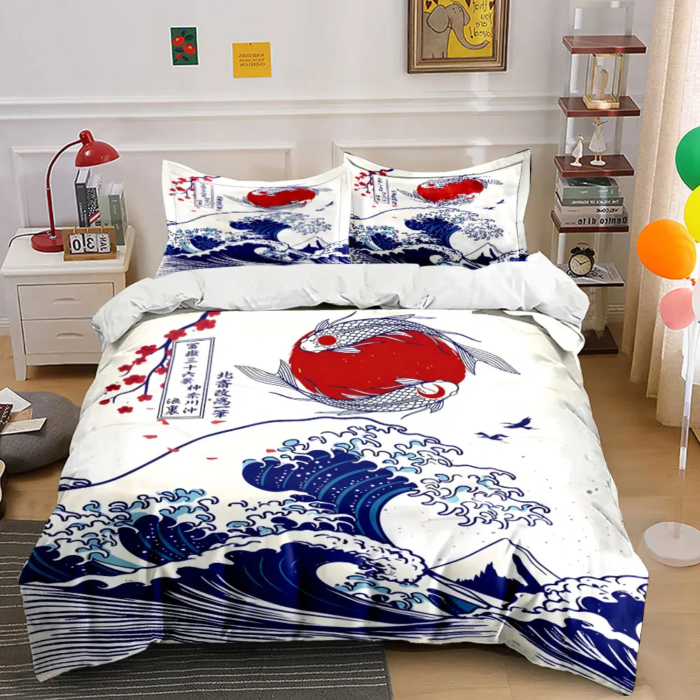 Japan Waves and Koi in Harmony Print Bedding Set 1 Duvet Cover 2 Pillowcases for Adult and Children Luxury Gift Full Size