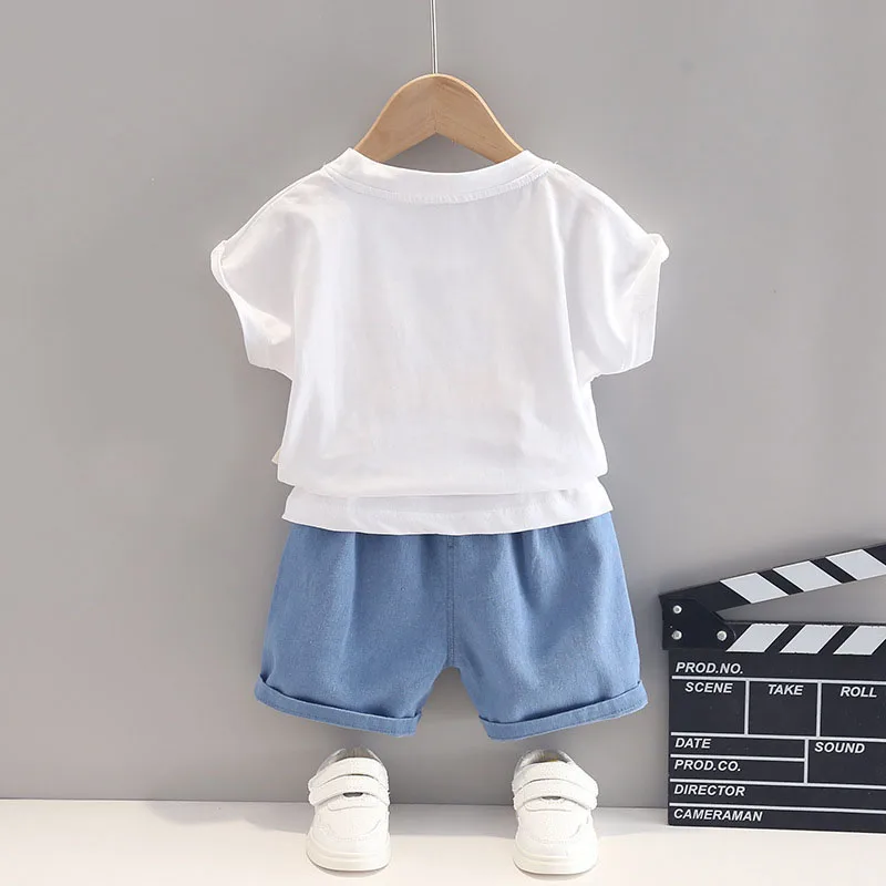 Summer Toddler Boy Clothing Korean Kids Clothes Casual Cartoon Cotton Short Sleeve Baby Tops+Denim Shorts Children Sets B068 4