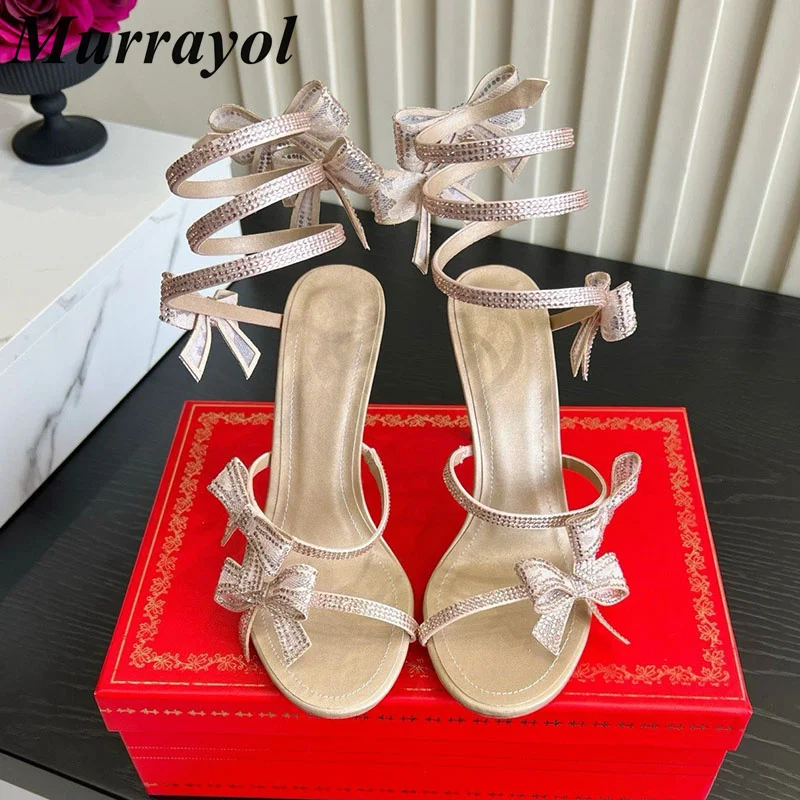 2026 Summer mixed color rhinestone bow decoration high-heeled sandals for women snake shaped wrapped sandals banquet dress shoes