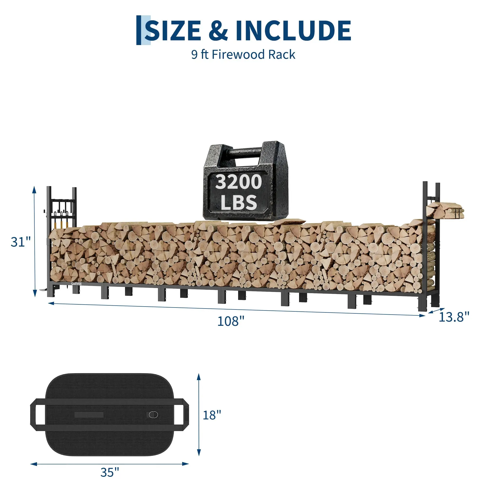 34 Inch Firewood Rack With Waterproof Canvas Log Carrier, Adjustable Feet, Kindling Hooks And Tool Hooks For Patio Fireplace Deck