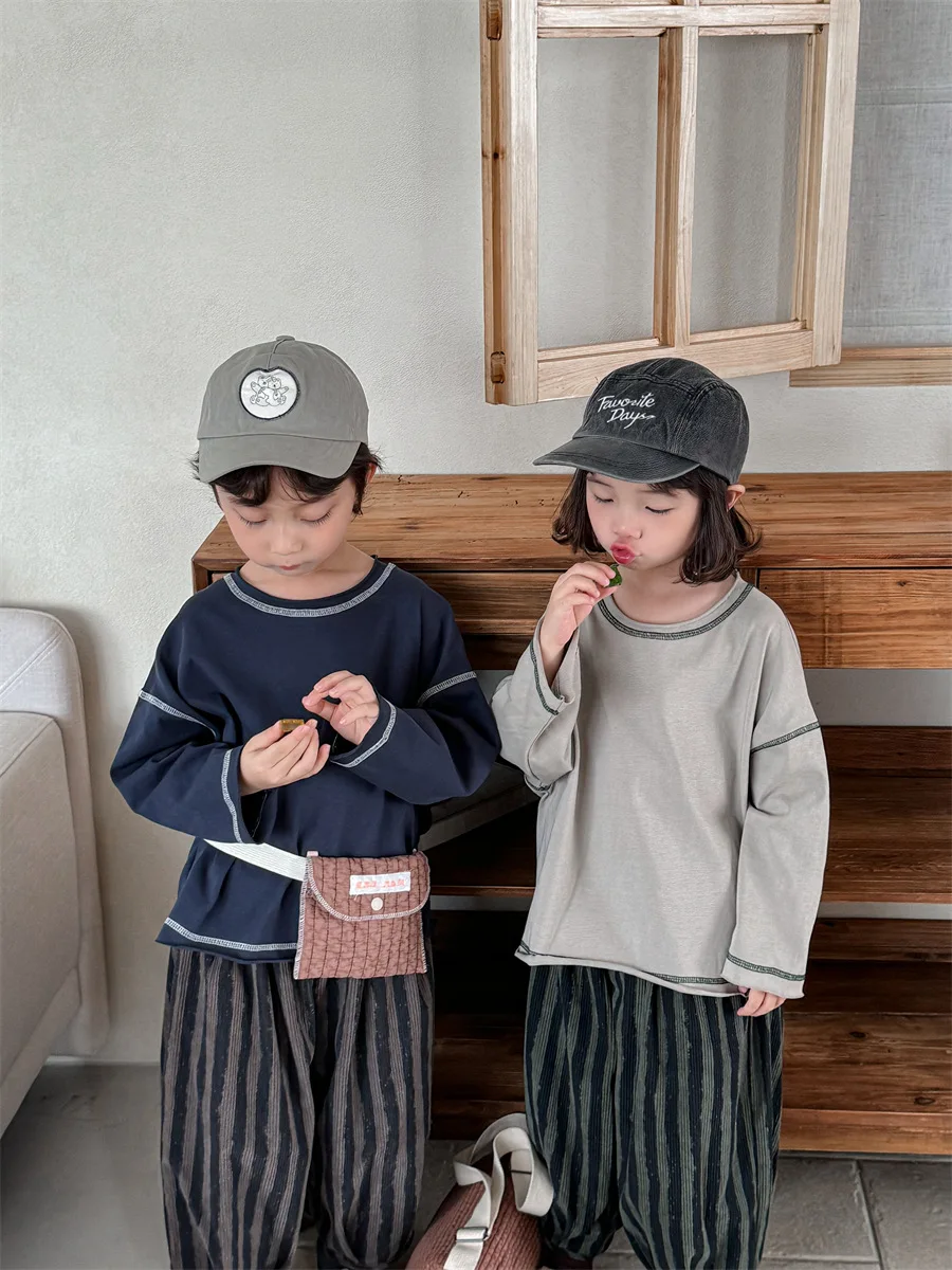

Toddler Kids Girls Clothes 1-7Y Kid Boy Cotton Contrast Stitch Long Sleeve T-shirt Top Daily Baby Autumn Clothes Wear Base Layer