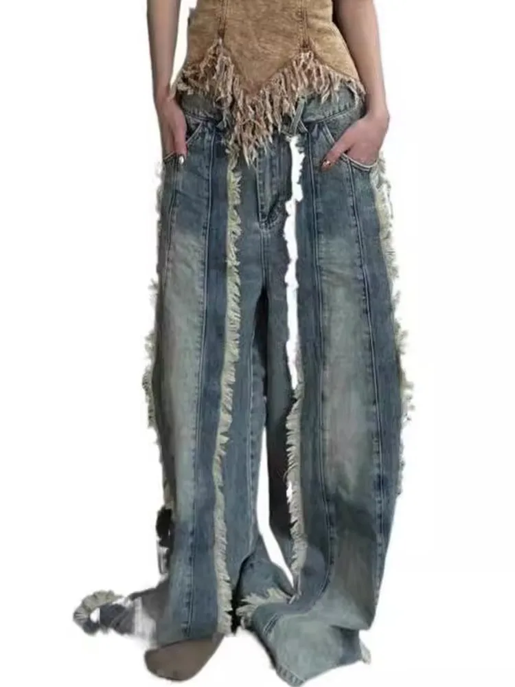 LGRQ 2025, Frühjahr Neue Frauen Volle Länge Denim Hosen Quasten Gespleißt Taschen Distressed Waschbar Breite Bein Hosen Weibliche 19ZZ1699