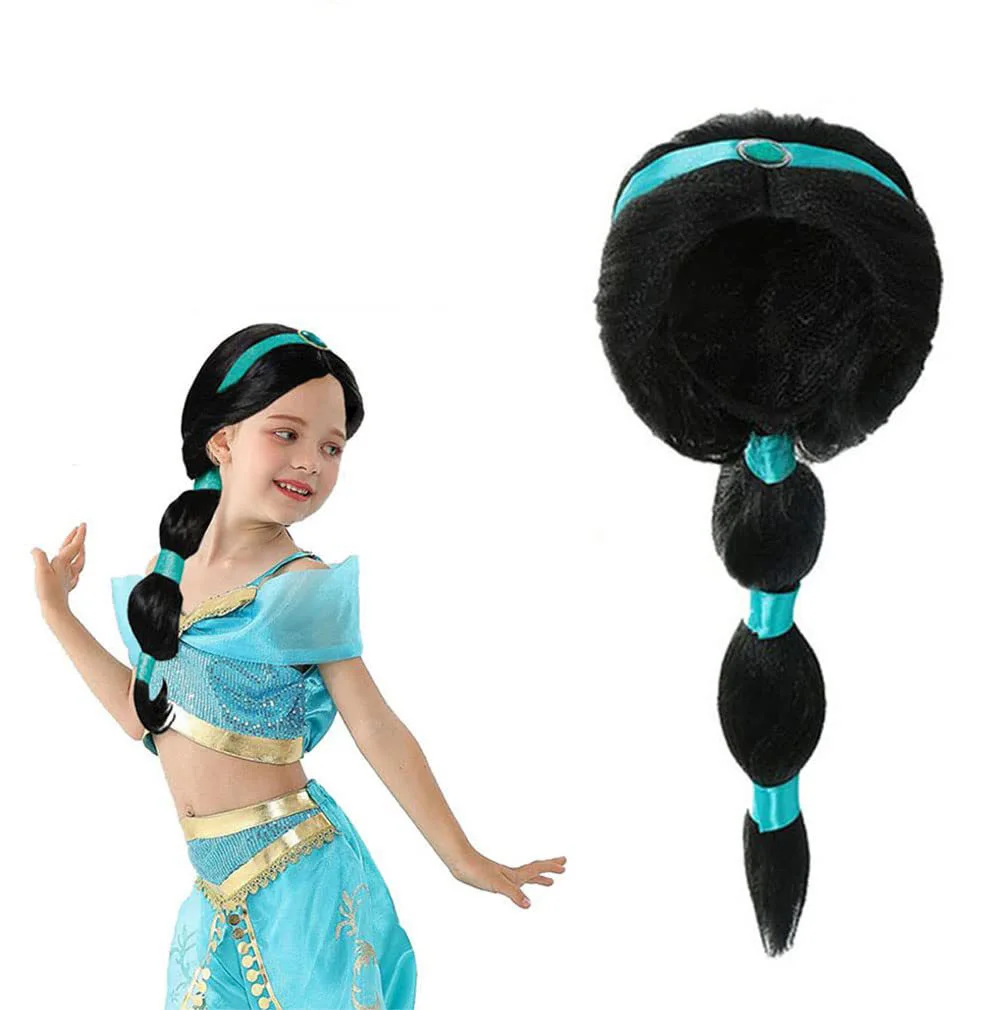 Aladdin's Lamp Halloween Girls Princess Jasmine Hair Black Long Wig Fancy Kids Women Wig Disguise Child Cosplay Unicorn Wig