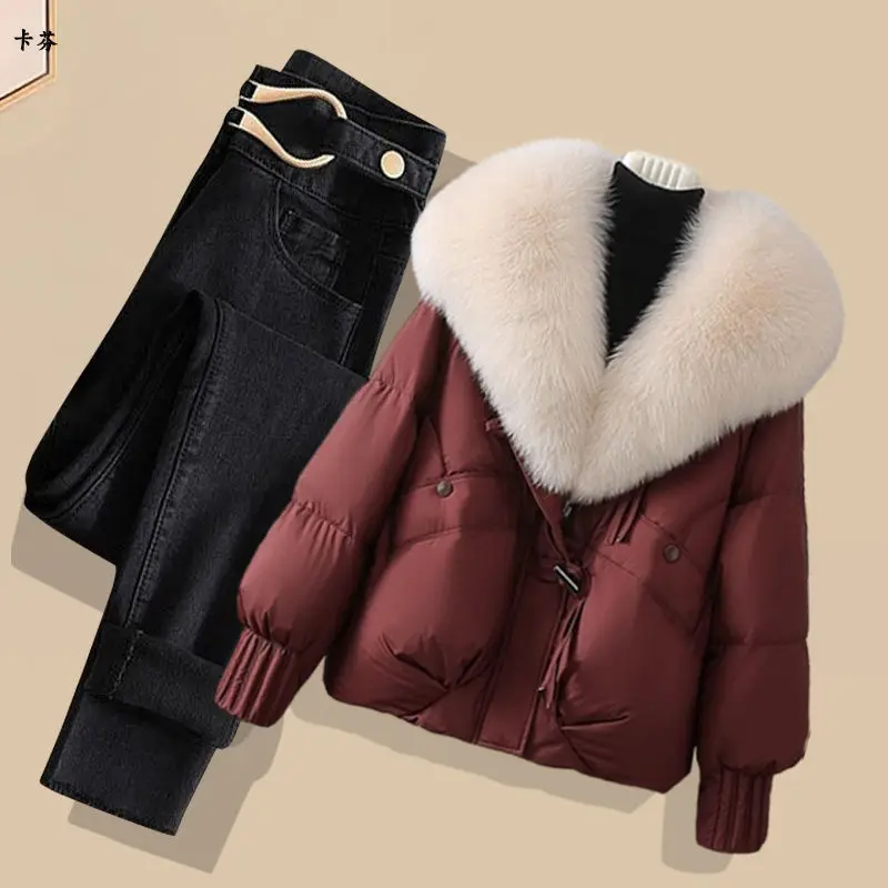 Herbst Winter Baumwolle Jaet Und Jeans Zweiteiliges Set für Frauen Casual Abnehmen Sle Pendeln Freundliche Bequeme Lose Fit