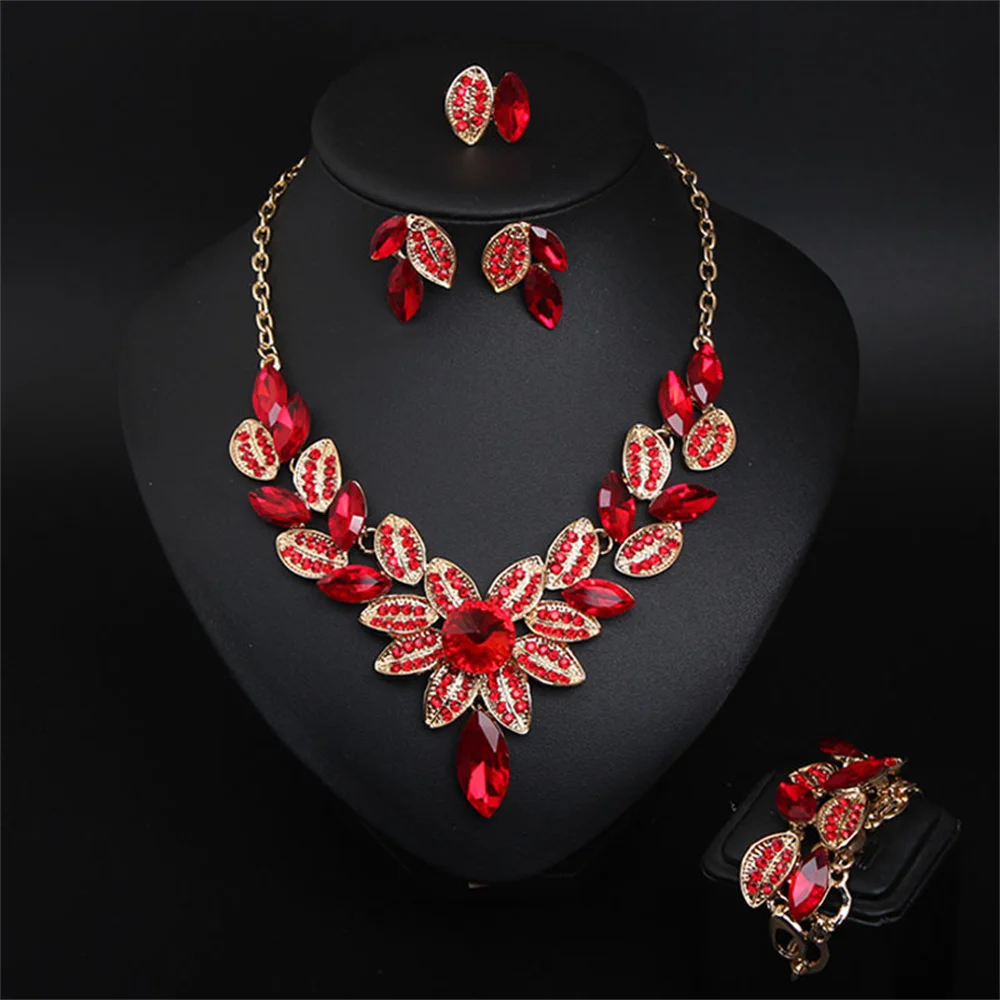 

Красный, синий цвет, кристалл, цветок, ожерелье, браслет, серьги, кольцо, свадебный комплект украшений, 4 шт., подарок для вечеринки, свадьбы, дня рождения, девушки