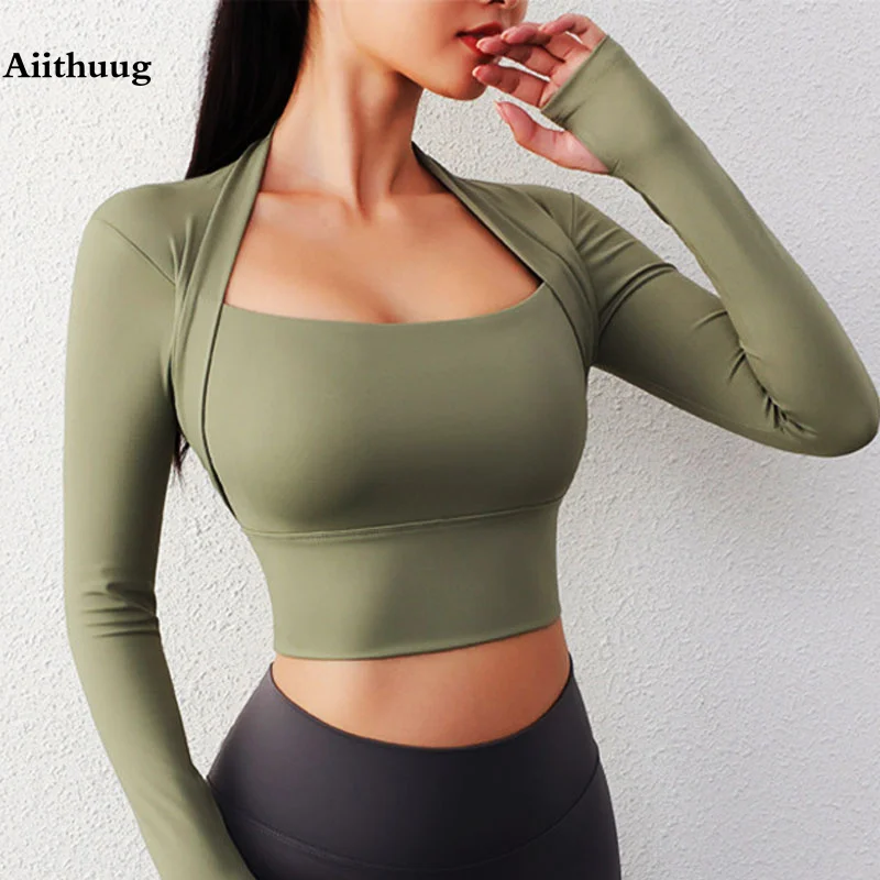 Aiithuug Padded Yoga Shirts Long Sleeve Yoga Crop Tops Low Cut Shirts Gym Shirt Workout Gym Top Insert Pads Slim Fit Sports Sexy