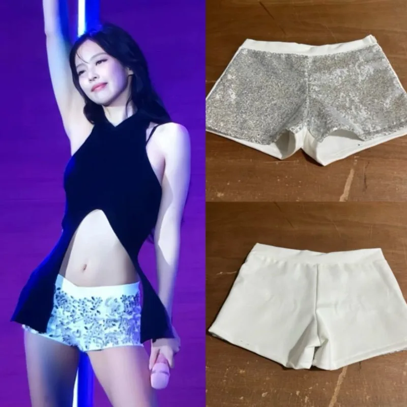 

BP Jennie Sequin Shorts Girl 2024 Summer Korean Combination Sexy Low Waisted Roman Fabric Shorts Hot Pants Singing Costumes New