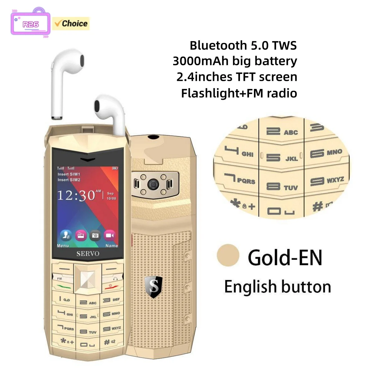 Sevro R26 2G Mobile Phone 2.4inches TFT Dual SIM Card GSM FM Radio Bluetooth Camera 3000mAh Big Battery Feature Cellphone