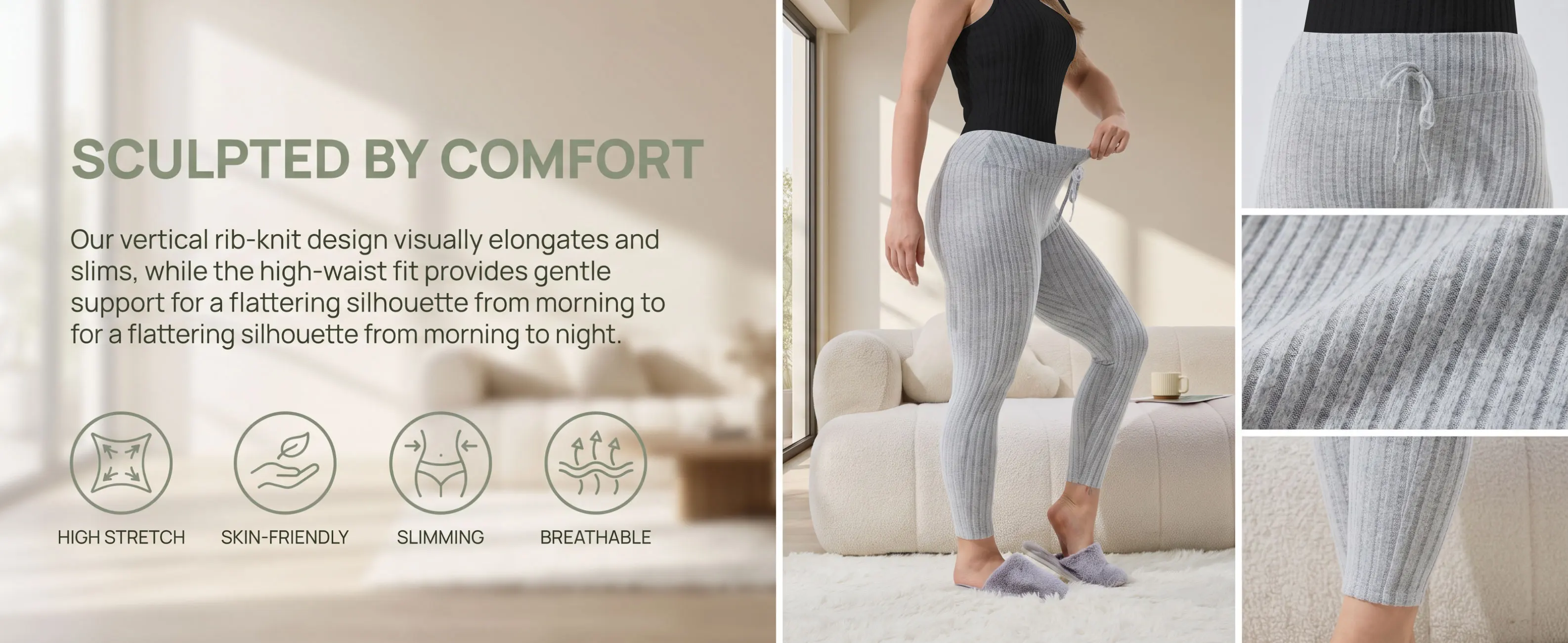 Plus-Size High-Waist Yoga-Leggings für Damen, gerippt, bauchkontrollierend, nahtloser Look, dehnbarer Strick, Yoga-Hose für Workouts und Alltag. – Detail 2