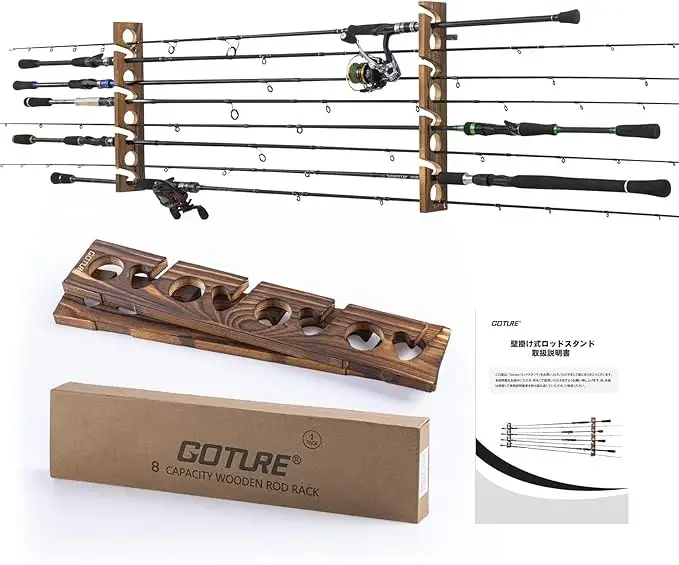 Goture Fishing Rod Holders with 8 Holes Wood Rods Wall Quality Storage Display Rack Removable for Living Room Garage Max 2.5kg