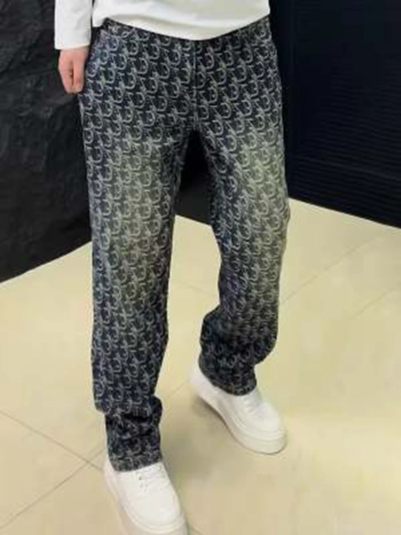 2026 European and American High Street Pants Ins Trendy Brand Straight Leg Embroidery Jeans Men's Loose Wide Leg Pants