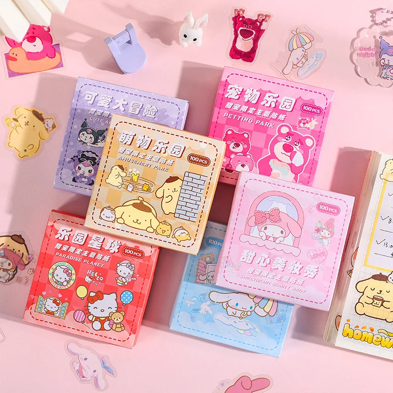 100pcs/Box Sanrio Stationsry Stickers Packs Hand Account Stickers Set Wholesale Cartoon Kuromi Pompompurin My Melody