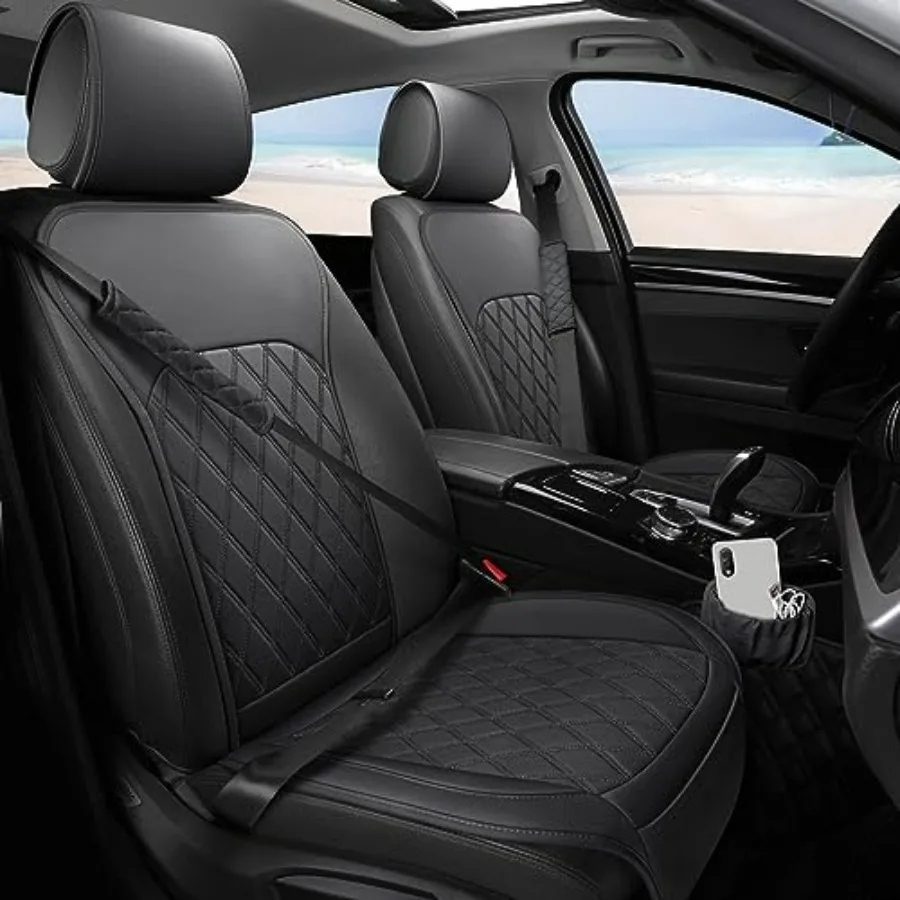 

Front Car Seat Covers Leather Anti-Slip Waterproof with Storage Pocket and Two Belt Pads for Cars Trucks SUV Black 2 Pack