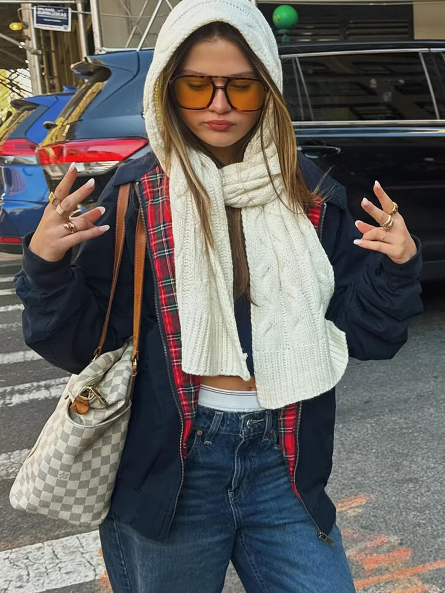 Veste Réversible en Coton pour Femme, Vintage, Chaud, Col Montant, Manches sulf, Fermeture Éclair, Décontractée, Couleur Unie, Vestes Courtes de Rue, Hiver