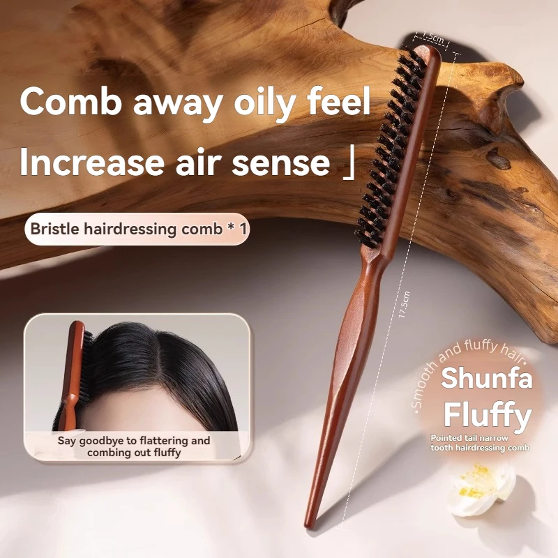 2PCS Natural Boar Bristle Hair Fluffy Comb Handle Hair Brush Anti-static Barber Hair Comb Scalp Massage Hairdresser Styling Tool