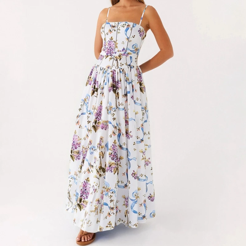 แม่ไมคิลาเบชุดเดรสยาวฤดูร้อนผู้หญิงพิมพ์ลายดอกไม้แขนกุดสลิมฟิตสายรัดปาเก็ตตี้ชุดเดรสเลดี้ ฟลอวี่ เอ-ไลน์ แม็กซี่เดรส