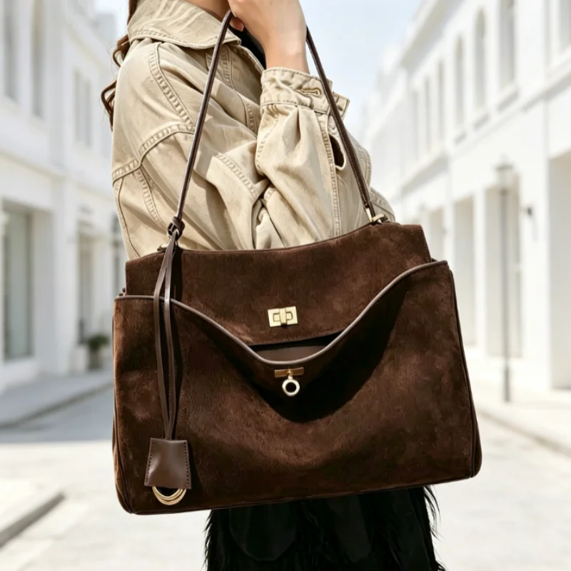 New Casual Women'S Suede Cowhide Leather Bag Popular Flip Up Handbag Shoulder Bag Large Capacity Women'S Vacation Travel Bag