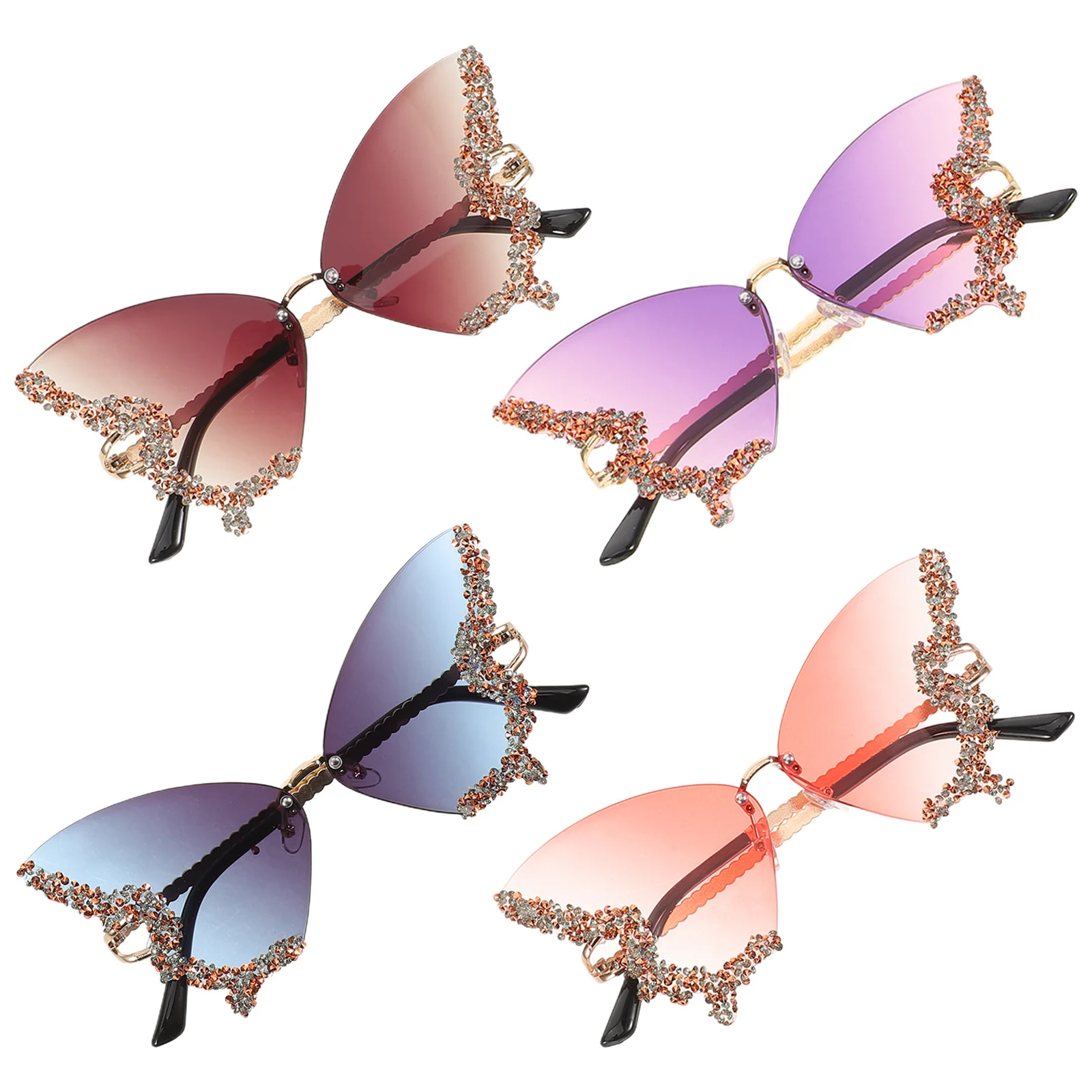 

4Pcs Women Rhinestone Butterfly Sunglasses Retro Rimless Sparkling Crystal Uv Blocking Stylish Outdoor Festival Glasses