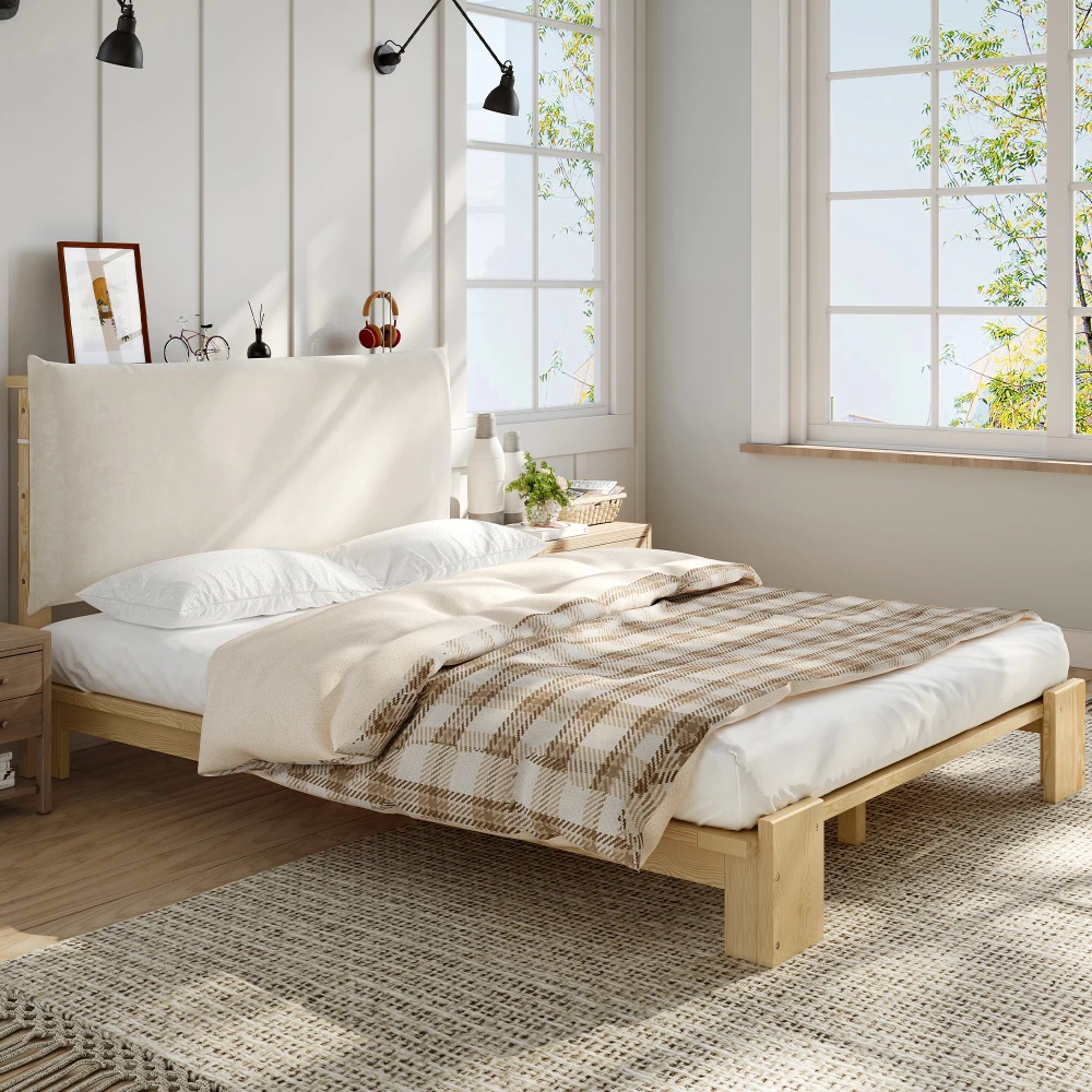 PINGGO Samtbezogenes Einzelbett für Kinder, weiche Rückenlehne, stabile Lattenbasis, breite Beine, Kiefer, Schwamm, Sperrholz, 140 x 200 cm, ohne Matratze – Detail 6