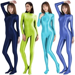 AMORESY Women Shiny Glossy Bodysuits Wetlook Catsuit Competitive Zipper Leotards Satin Long Sleeve Overall Zentai Yoga Jumpsuits