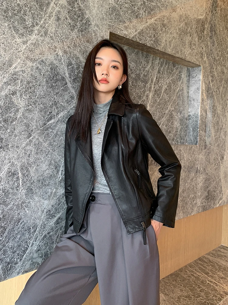 

Slim Short Genuine Leather Motorcycle Jackets for Women Spring Autumn Simple Black Real Sheepskin Coat casaco couro feminino
