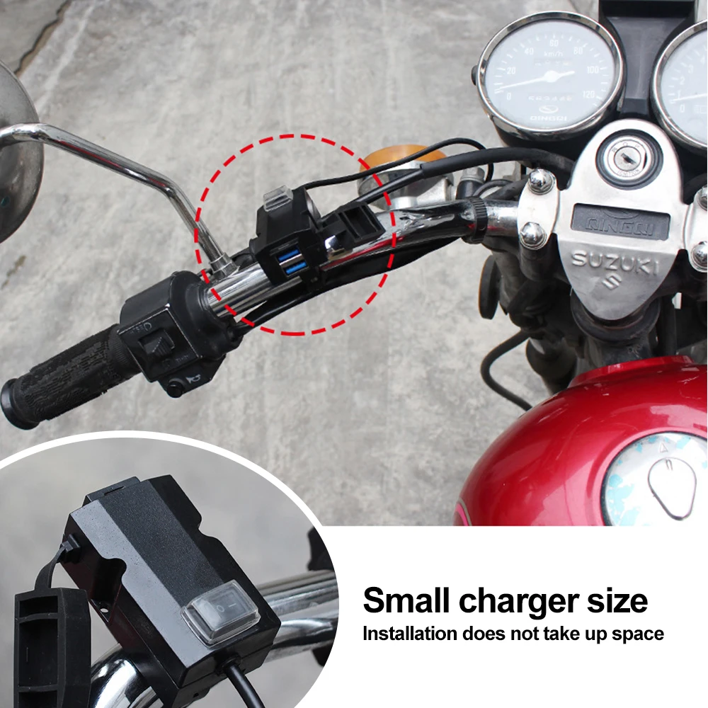 QC3.0 Motorcycle Charger Waterproof USB Adapter Mobile Phone Dual USB Fast Charger with Switch Handlebar Mounting Bracket