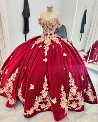 Burgundy Red Velvet Princess Quinceanera Dresses Off Shoulder Butterfly Applique Lace-up Corset vestidos de xv sweet 15 Gown