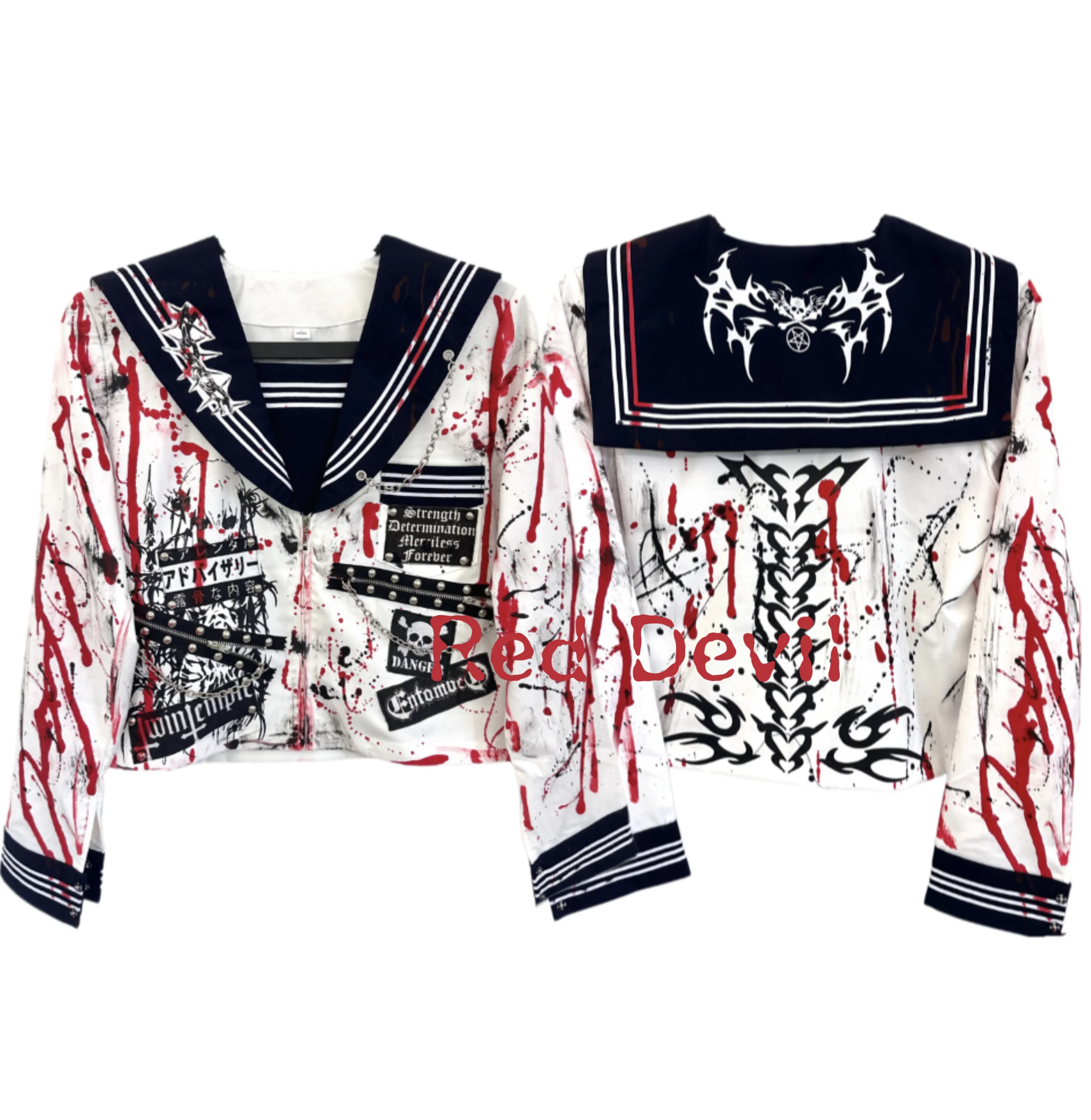RedDevil Subculture Hand-made Punk Bloody Preppy Jk Top Remake Long Sleeve White Gothic Punk Girls School Grunge Jacket Jk