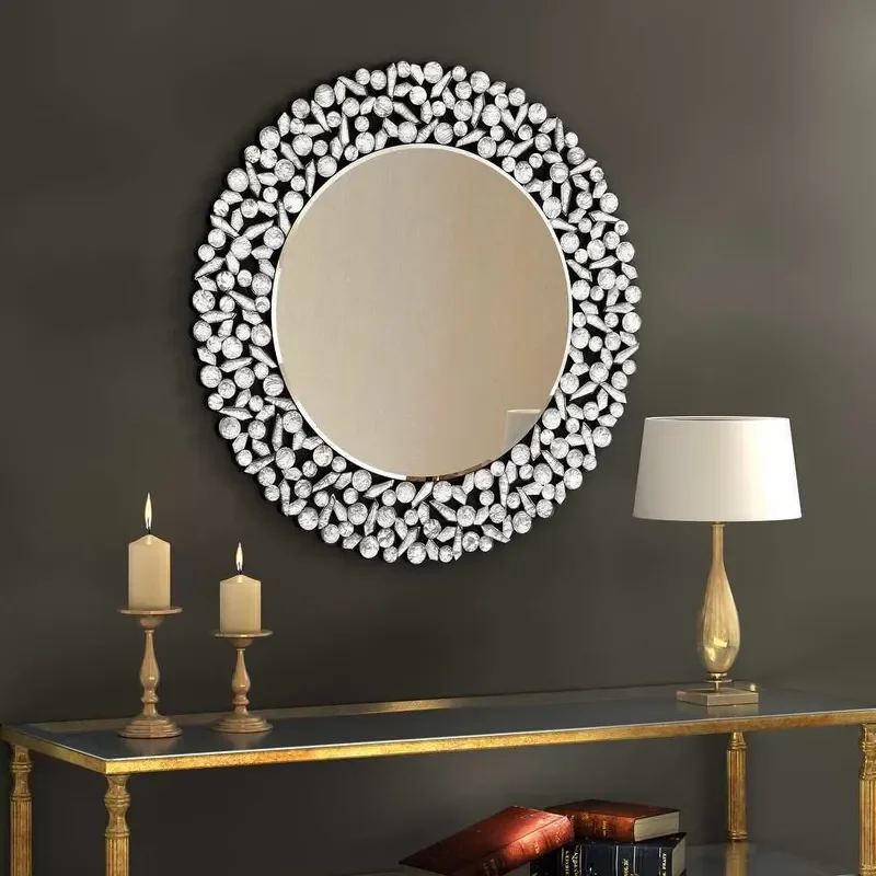 Modern Round Wall Mirror Silver Frame Crystal Accents Luxury Home Decor Elegant Bathroom Vanity Glass Reflective Surface