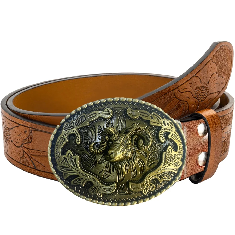 1pc men's western-style belt with sheep head, carved floral patterns and long horn decorations, retro style, perfect for pairing