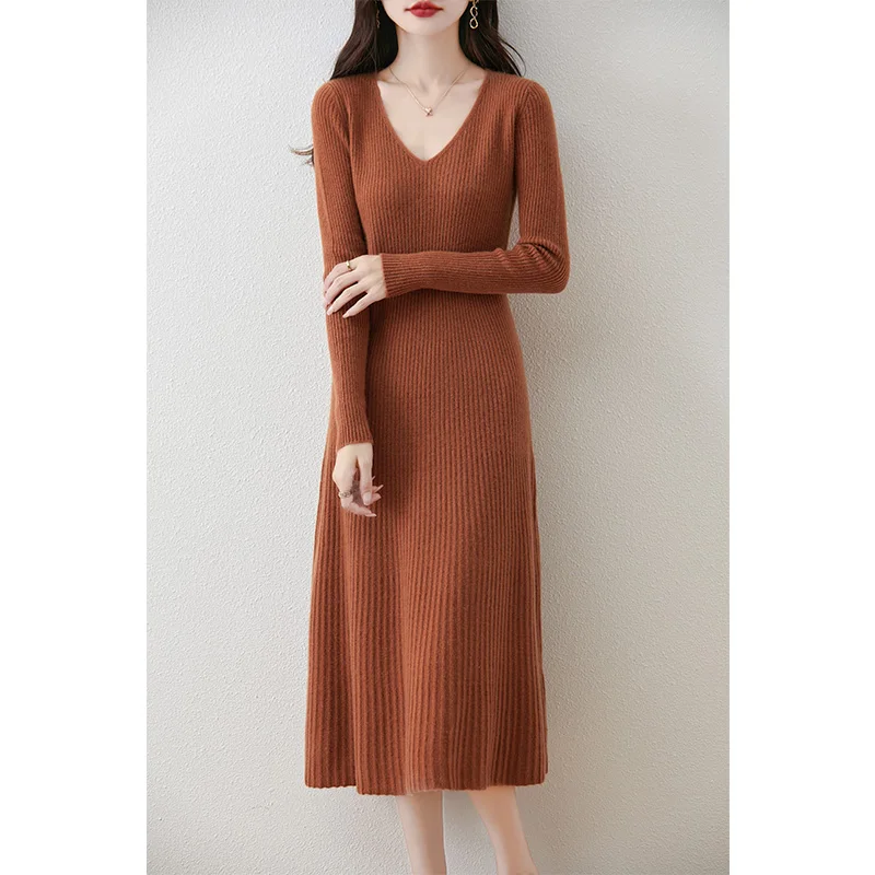 2024 Autunmn And Winter 100% Wool Knitted V-neck Dresses Hot Sale Sweaters Women  Soft High Quality Ladies Jumpers Clothes