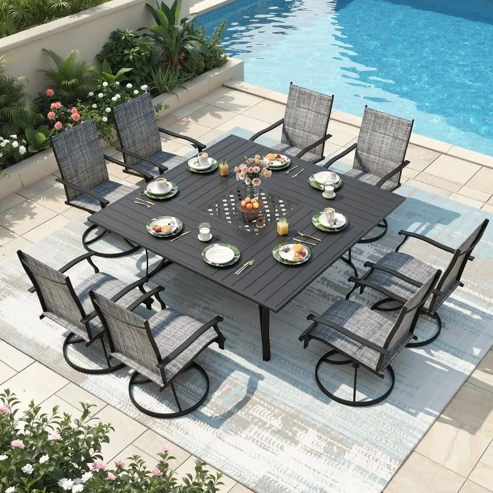 

Pcs Patio Dining Set for 8, All Weather Outdoor Furniture Set, 59.6 Square Metal Dining Table with Umbrella Hole and 8 High Bac